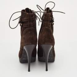 مملوكة مسبقًا Yves Saint Laurent Size 36.5 Dark Brown Suede Lace Up Platform Ankle Length Boots