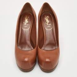 Pre Owned Yves Saint Laurent Tribtoo Size 38.5 Brown Leather Platform Pumps