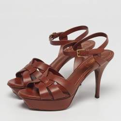 Pre Owned Yves Saint Laurent Size 37 Brown Leather Ankle Strap Sandals