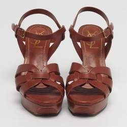 Pre Owned Yves Saint Laurent Size 37 Brown Leather Ankle Strap Sandals