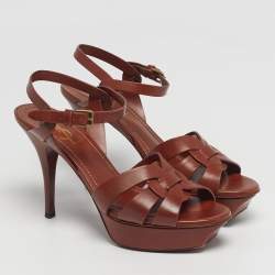 Pre Owned Yves Saint Laurent Size 37 Brown Leather Ankle Strap Sandals