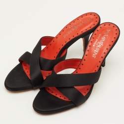 Pre Owned Yves Saint Laurent Size 37 Black Satin Criss Cross Slide Sandals
