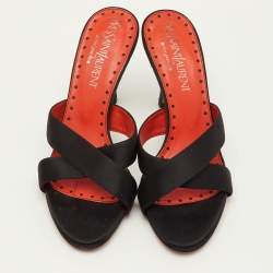 Pre Owned Yves Saint Laurent Size 37 Black Satin Criss Cross Slide Sandals