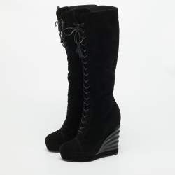 Pre Owned حذاء بوت للكاحل إيف سان لوران مادج سويدي أسود كعب روكي برباط مقاس 41.5