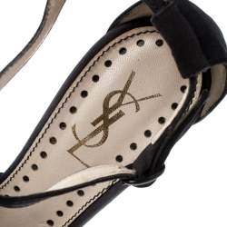 Saint Laurent Paris Black Canvas Fabric Embellished Floral T-Strap Open Toe Sandals Size 38