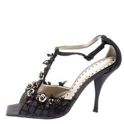 Saint Laurent Paris Black Canvas Fabric Embellished Floral T-Strap Open Toe Sandals Size 38