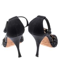 Saint Laurent Paris Black Canvas Fabric Embellished Floral T-Strap Open Toe Sandals Size 38