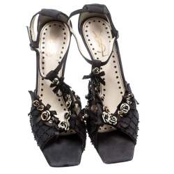 Saint Laurent Paris Black Canvas Fabric Embellished Floral T-Strap Open Toe Sandals Size 38