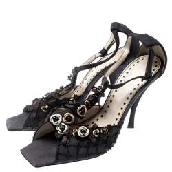 Saint Laurent Paris Black Canvas Fabric Embellished Floral T-Strap Open Toe Sandals Size 38