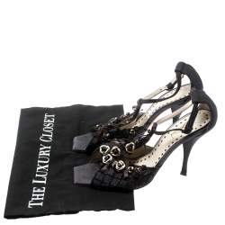 Saint Laurent Paris Black Canvas Fabric Embellished Floral T-Strap Open Toe Sandals Size 38