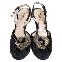 Yves Saint Laurent Blue/Cream Denim And Lizard Leather Heart Slingback Sandals Size 40