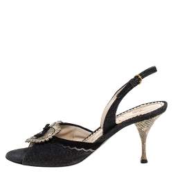 Yves Saint Laurent Blue/Cream Denim And Lizard Leather Heart Slingback Sandals Size 40