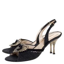 Yves Saint Laurent Blue/Cream Denim And Lizard Leather Heart Slingback Sandals Size 40
