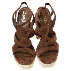Pre Owned صندل سان لوران باريس نعل سميك سير كاحل سويدي بني مقاس 39.5