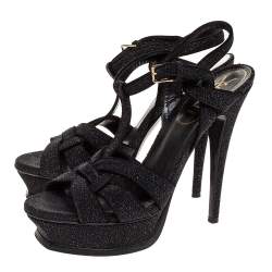 مملوكة مسبقًا Yves Saint Laurent Black Glitter Suede Tribute Platform Ankle Strap Sandals Size 38.5