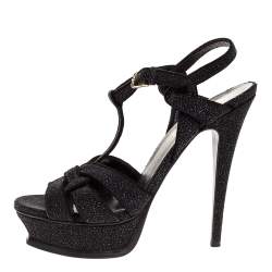 مملوكة مسبقًا Yves Saint Laurent Black Glitter Suede Tribute Platform Ankle Strap Sandals Size 38.5