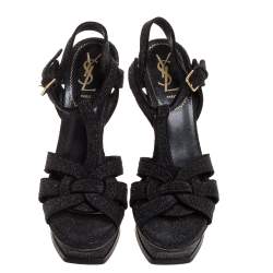 مملوكة مسبقًا Yves Saint Laurent Black Glitter Suede Tribute Platform Ankle Strap Sandals Size 38.5