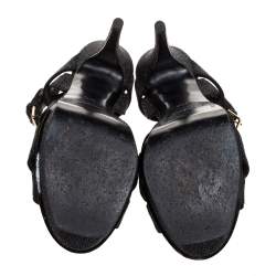 مملوكة مسبقًا Yves Saint Laurent Black Glitter Suede Tribute Platform Ankle Strap Sandals Size 38.5