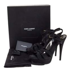 مملوكة مسبقًا Yves Saint Laurent Black Glitter Suede Tribute Platform Ankle Strap Sandals Size 38.5