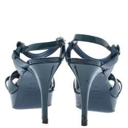Pre Owned Yves Saint Laurent Teal Patent Leather Tribute Platform Sandals Size 38.5