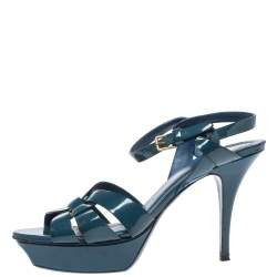 Pre Owned Yves Saint Laurent Teal Patent Leather Tribute Platform Sandals Size 38.5