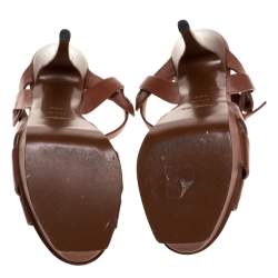 مملوكة مسبقًا صندل ايف سان لوران "تريبوت" نعل سميك جلد نمط خشب بني مقاس 36.5