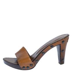 Pre Owned Yves Saint Laurent Brown Leather Wooden Slide Sandals Size 38