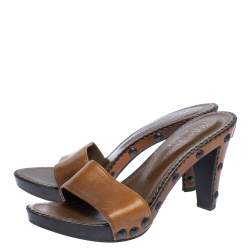 Pre Owned Yves Saint Laurent Brown Leather Wooden Slide Sandals Size 38