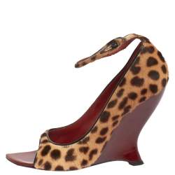 Pre Owned Yves Saint Laurent Animal Print Calf Hair Ankle Strap Wedge Sandals Size 40.5