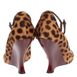 Pre Owned Yves Saint Laurent Animal Print Calf Hair Ankle Strap Wedge Sandals Size 40.5