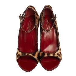 Pre Owned Yves Saint Laurent Animal Print Calf Hair Ankle Strap Wedge Sandals Size 40.5