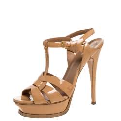 Pre Owned Yves Saint Laurent Beige Patent Leather Tribute Platform Sandals Size 38.5