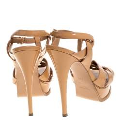 Pre Owned صندل سان لوران باريس نعل سميك تريبيوت جلد بيج لامع مقاس 38.5