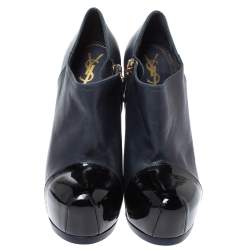 Pre Owned بوت للكاحل سان لوران باريس تريبيوت جلد لامع وجلد أسود/ كحلي مقاس 38