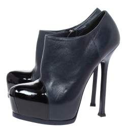 Pre Owned بوت للكاحل سان لوران باريس تريبيوت جلد لامع وجلد أسود/ كحلي مقاس 38