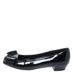 Yves Saint Laurent Black Patent Leather Bow Peep Toe Ballet Flat Size 35