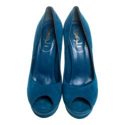 مملوكة مسبقًا حذاء كعب عالى إيف مقدمة مفتوحة نعل سميك بلايس سويدى أزرق نهرى مقاس 39.5