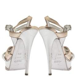 Pre Owned صندل إيف سان لوران نعل سميك تربيوت جلد فضى / ذهبى ميتالك مقاس 37.5 