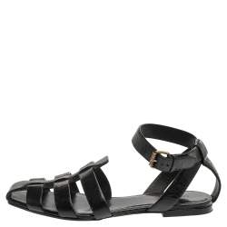 Pre Owned Saint Laurent Paris Black Leather Ankle Strap Flats Size 40.5