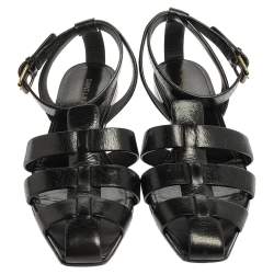 Pre Owned Saint Laurent Paris Black Leather Ankle Strap Flats Size 40.5