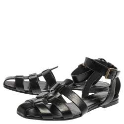 Pre Owned Saint Laurent Paris Black Leather Ankle Strap Flats Size 40.5