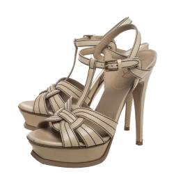 Pre Owned Saint Laurent Beige/Black Leather Tribute Sandals Size 38