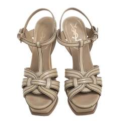 Pre Owned Saint Laurent Beige/Black Leather Tribute Sandals Size 38