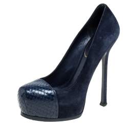 Pre Owned Saint Laurent Blue Suede And Python Tribtoo Platform Pumps Size 38.5