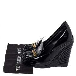 Pre Owned Saint Laurent Paris Black Patent Leather Myranda Fringe Detail Wedge Pumps Size 38.5