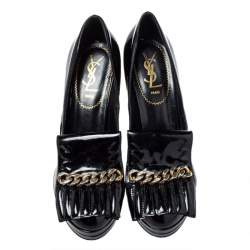 Pre Owned Saint Laurent Paris Black Patent Leather Myranda Fringe Detail Wedge Pumps Size 38.5