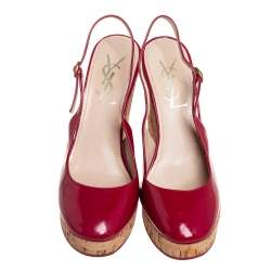 Pre Owned صندل إيف سان لوران فتحة كعب كعب روكى فيلين جلد لامع أحمر مقاس 37