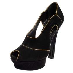 Yves Saint Laurent Black Cut Out Suede Palais Peep Toe Platform Pumps Size 36