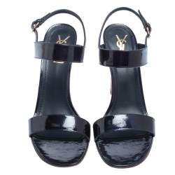 Pre Owned صندل إيف سان لوران جلد لامع أزرق داكن بكعب فلين وسوار كاحل مقاس 41