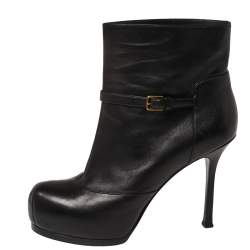 Pre Owned حذاء بوت كاحل إيفز سان لوران نعل سميك تريبتو جلد أسود مقاس 38